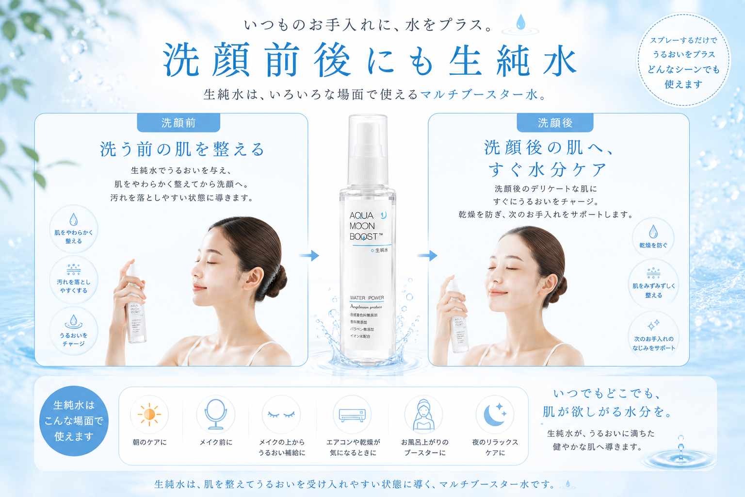 洗顔前後に生純水を使う水分ケア方法